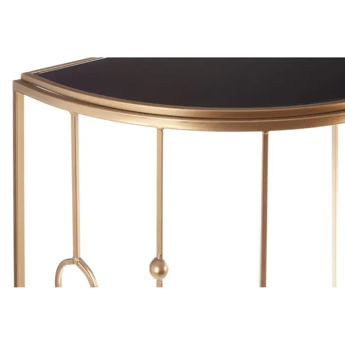 Faiza Console Table, Art Deco, Gold Metal Frame, Glass Top, Black, Half Moon