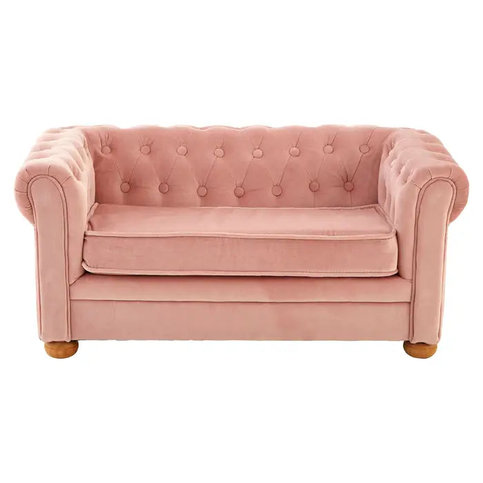 Estelle Kids Sofa, Pink Velvet, Rubberwood  Rounded Feet, Brown, Quilted Arms