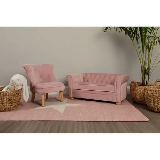 Estelle Kids Sofa, Pink Velvet, Rubberwood  Rounded Feet, Brown, Quilted Arms