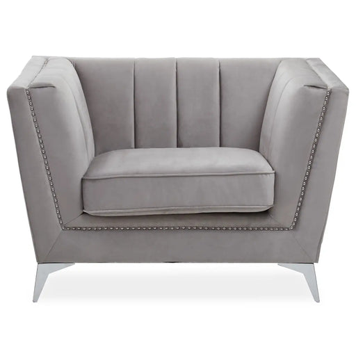 Hansa Lounge Chair, Tapered Design, Grey Velvet, Silver Metal Legs