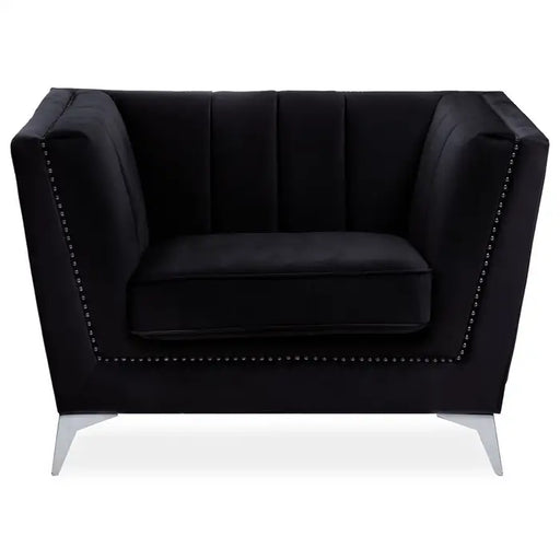 Hansa Lounge Chair, Tapered Design, Black Velvet, Silver Metal Legs