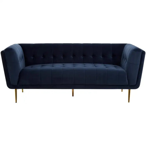 Harita 2 Seater Sofa, Blue Velvet, Gold Metal Legs, Armrests Flared