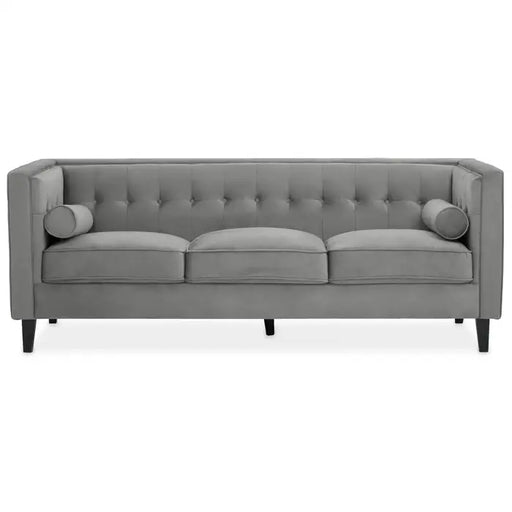 Helia Three Seater Sofa, Grey Velvet, Black Oak Legs, Foam-Padded, Cushions