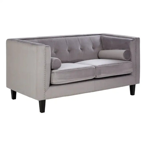 Felisa 2 Seater Sofa, Grey Velvet, Black Wooden Legs, Two Cylindrical Cushions