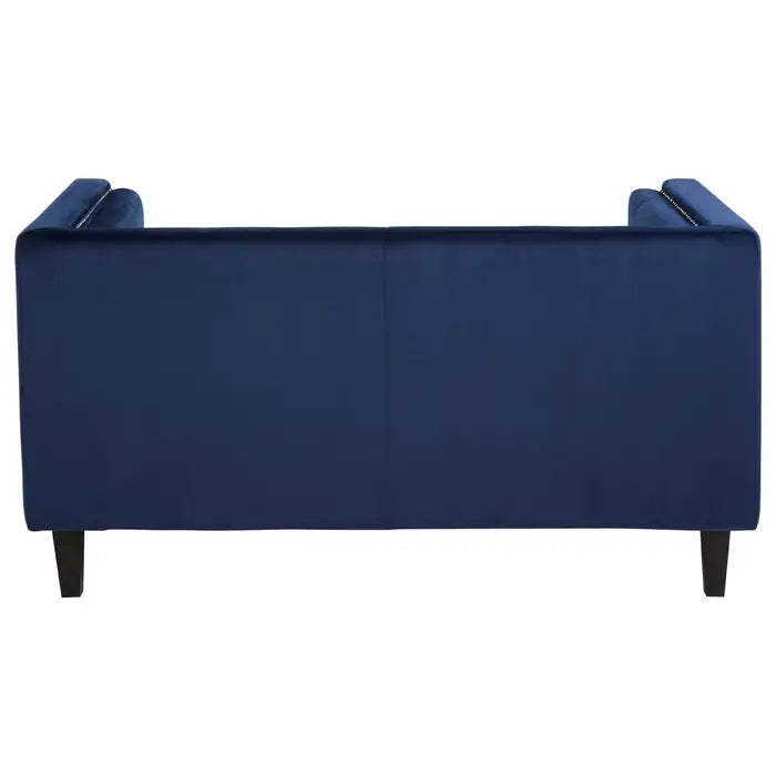 Felisa Two Seater Sofa, Midnight Blue Velvet, Black Wooden Legs, Two Cylindrical Cushions