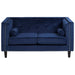 Felisa Two Seater Sofa, Midnight Blue Velvet, Black Wooden Legs, Two Cylindrical Cushions