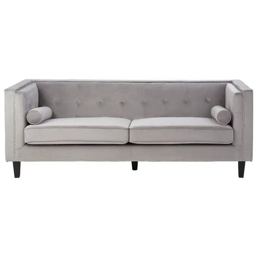 Felisa 3 Seater Sofa, Grey Velvet, Black Wooden Legs, Two Cylindrical Cushions