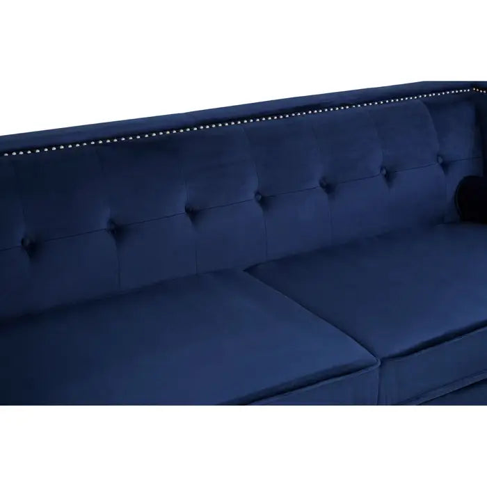 Felisa 3 Seater Sofa, Midnight Blue Velvet, Black Wooden Legs, 2 Coordinating Bolster Cushions