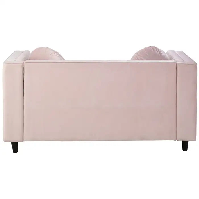 Farah 2 Seater Sofa, Pink Velvet, Wooden Legs, Two Round Cushions