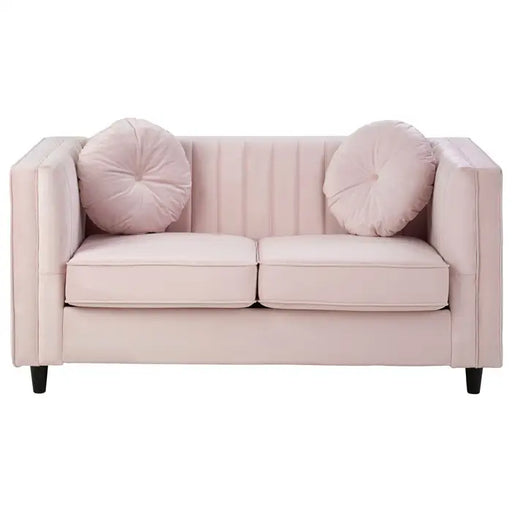 Farah 2 Seater Sofa, Pink Velvet, Wooden Legs, Two Round Cushions