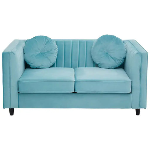 Farah 2 Seater Sofa, Soft Green Velvet, Black Wooden Legs, Two Round Matching Cushions