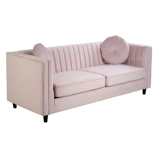 Farah 3 Seater Sofa, Pink Velvet, Black Finish Wooden Legs, Two matching cushions