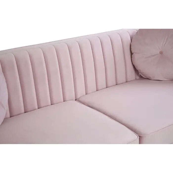Farah 3 Seater Sofa, Pink Velvet, Black Finish Wooden Legs, Two matching cushions