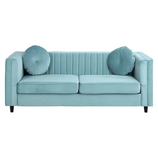 Farah Three Seater Sofa, Midnight Green Velvet, Black Wooden Legs, Two Round Matching Cushions