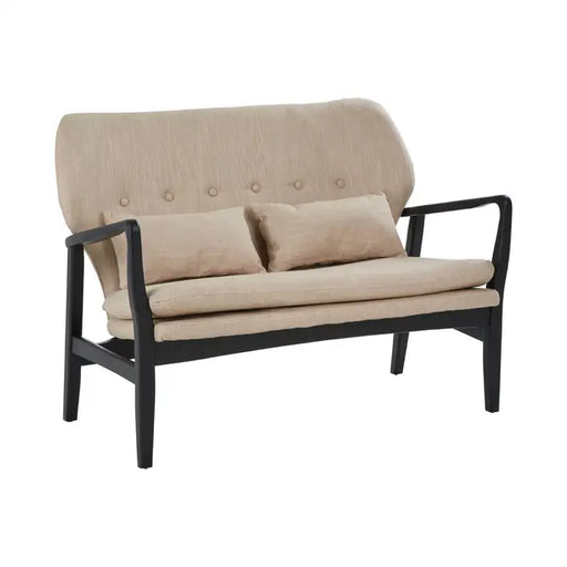 Stockholm 2 Seater Sofa, Beige Fabric, Black Wood Frame, Buttin Tufted, Back Cushions