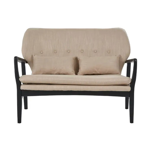 Stockholm 2 Seater Sofa, Beige Fabric, Black Wood Frame, Buttin Tufted, Back Cushions