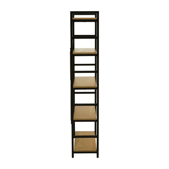 Laxton 5 Tier Shelf Unit, Light Yellow, Black Metal Frame, Wooden Shelf, Rectangular, Open Shelf