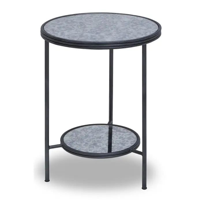 Xania Side Table, Two Tier, Lower Shelf, Black Metal Frame, Mirrored Glass Top