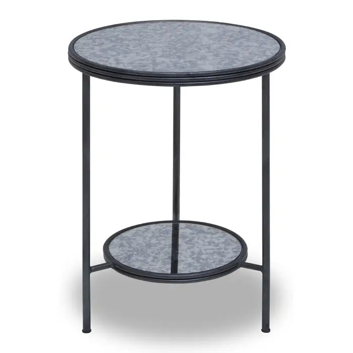 Xania Side Table, Two Tier, Lower Shelf, Black Metal Frame, Mirrored Glass Top