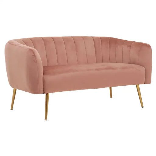 Larissa Two Seater Sofa, Foam-Padded Seat, Pink Velvet, Gold Metal Legs