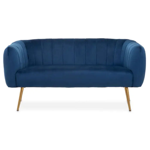 Larissa Two Seater Sofa, Blue Velvet, Foam-Padded Seat, Gold Metal Legs