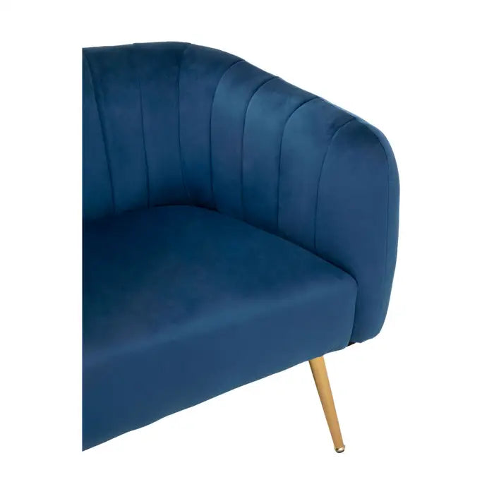 Larissa Two Seater Sofa, Blue Velvet, Foam Padded Seat, Gold Metal Legs