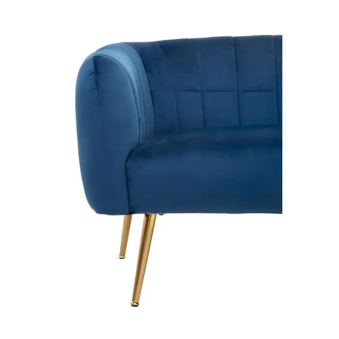 Larissa Two Seater Sofa, Blue Velvet, Foam Padded Seat, Gold Metal Legs