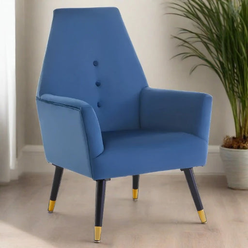 Langton Accent Armchair, Blue Velvet, Button Detail, Black, Gold Legs