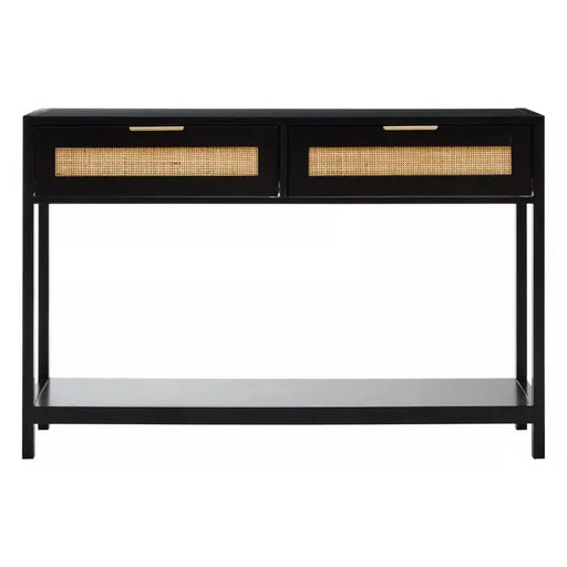 Sherman Console Table, Black Wooden, Natural Rattan, 2 Drawer 