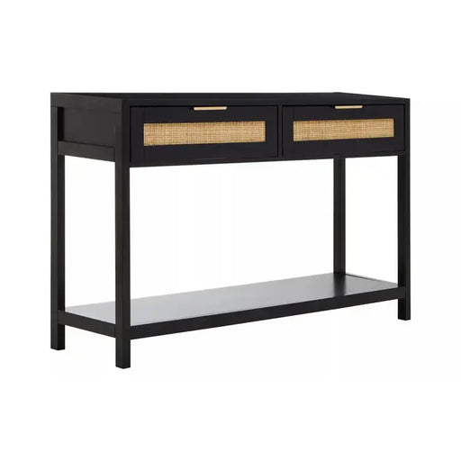 Sherman Console Table, Black Wooden, Natural Rattan, 2 Drawer 