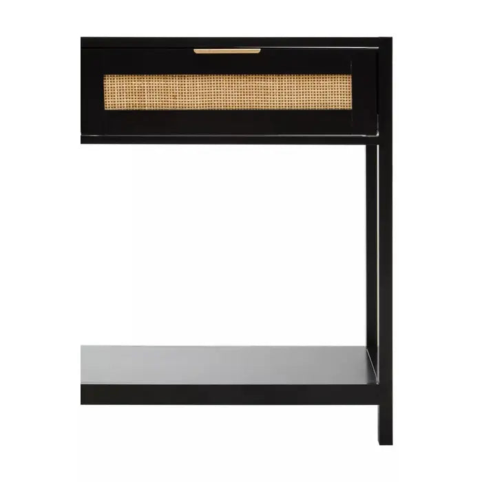 Sherman Console Table, Black Wooden, Natural Rattan, 2 Drawer