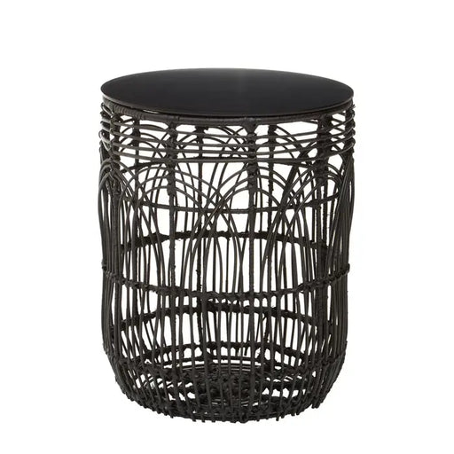Round Side Table, Drum Shaped Stool, Black Rattan 