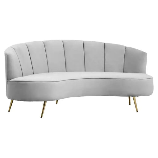 Hasna Three Seater Sofa, Grey Velvet, Metal Legs Gold Finish, Clean Line Stitching 