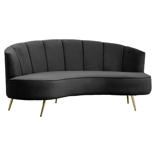Hasna Three Seater Sofa, Black Velvet, Metal Legs Gold Finish, Clean Line Stitching, Curved Shape