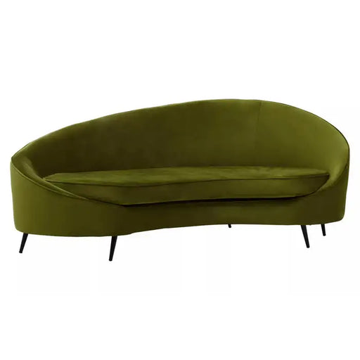 Hasina Three Seater Olive Sofa, Green Velvet, Black Metal Legs, Sculptural Form