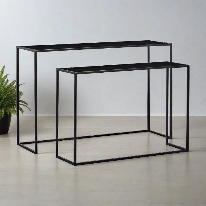 Avento Nesting Console Tables, Metal Frame, Mirrored glass, Black, Set Of Two