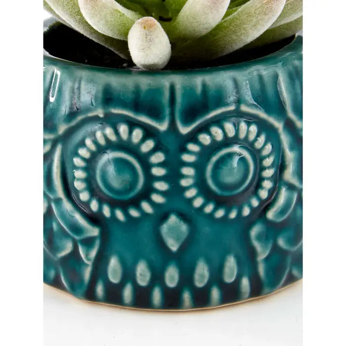 Artificial Fiori Small Succulent in Blue Ceramic Owl Pot