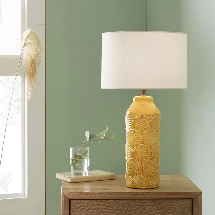 Bethan Embossed Mustard Ceramic Table Lamp (Due Back in 14/06/24)