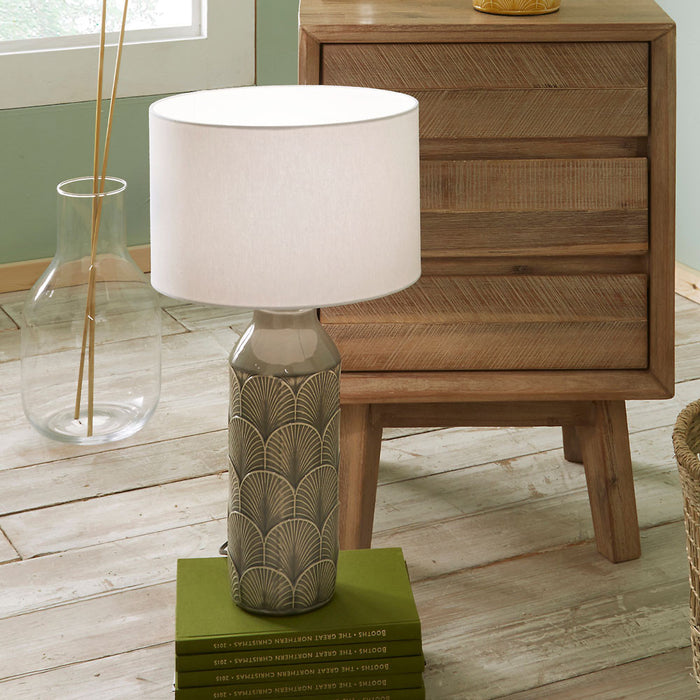 Bethan Embossed Grey Ceramic Table Lamp (Due Back in 15/06/24)