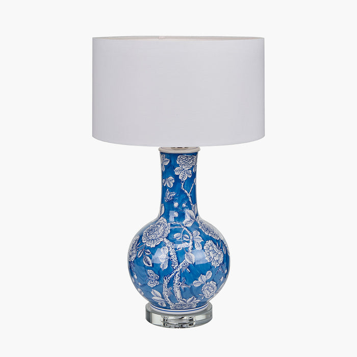 Altheda Blue & White Floral Ceramic & Crystal Base Table Lamp