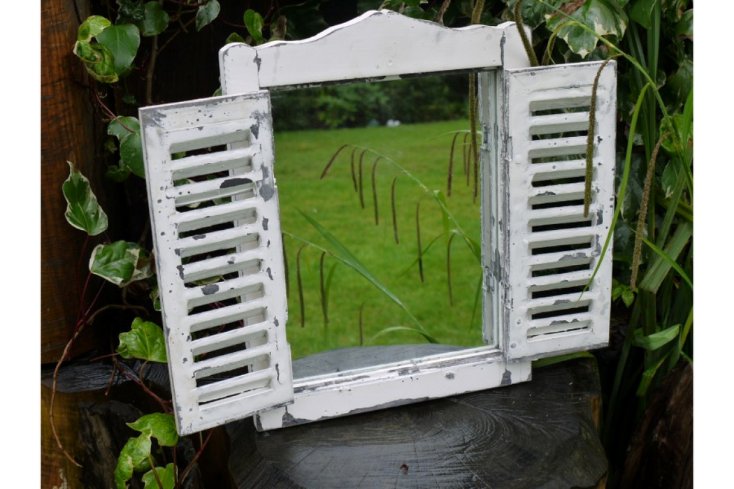 Small Distressed White Shutter Garden Mirror - 40 x 30cm - Decor Interiors