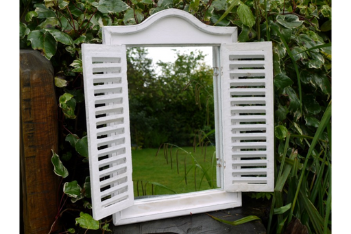 Indoor / Outdoor White Wooden Shutter Garden Mirror - 60 x 40 cm - Decor Interiors
