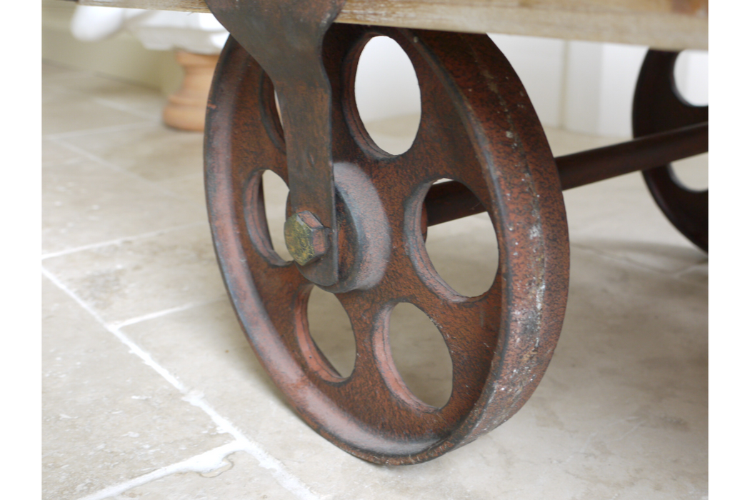 Industrial Coffee Table, Natural Wooden, Railway Wheels