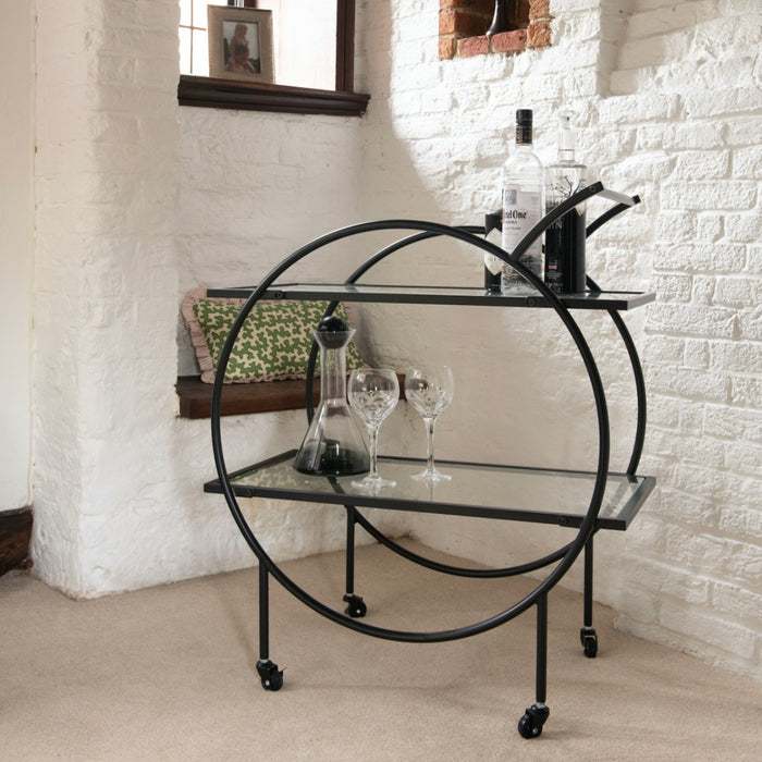 Empire Drinks Trolley, Black Iron, Glass Top, Round