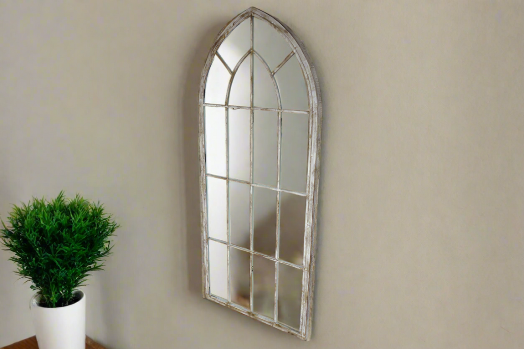 Indoor / Outdoor Distressed White Metal Arch Mirror - 159 x 67 cm