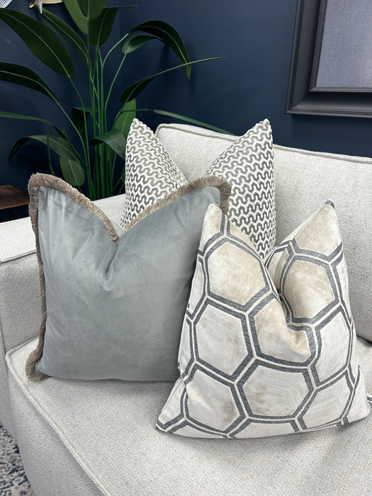 Meghan Grey Velvet Fringed Cushion - 100 Polyester 45x45  - Grey
