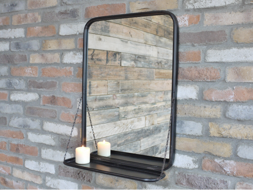 Louisa Wall Mirror, Metal Frame, Rustic Black Finish, Shelf 