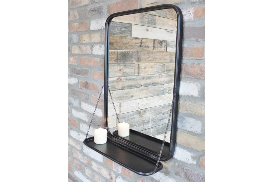 Louisa Wall Mirror With Shelf In A Rustic Black Finish