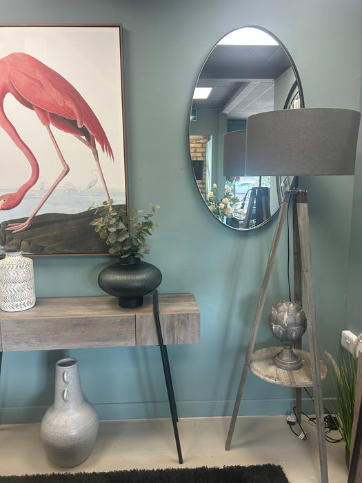 Grey Wooden Tripod Floor Lamp with Shelf