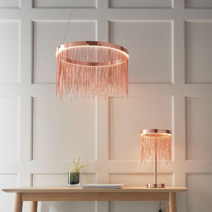 Zelma Copper Metal Table Lamp With Fringe Shade